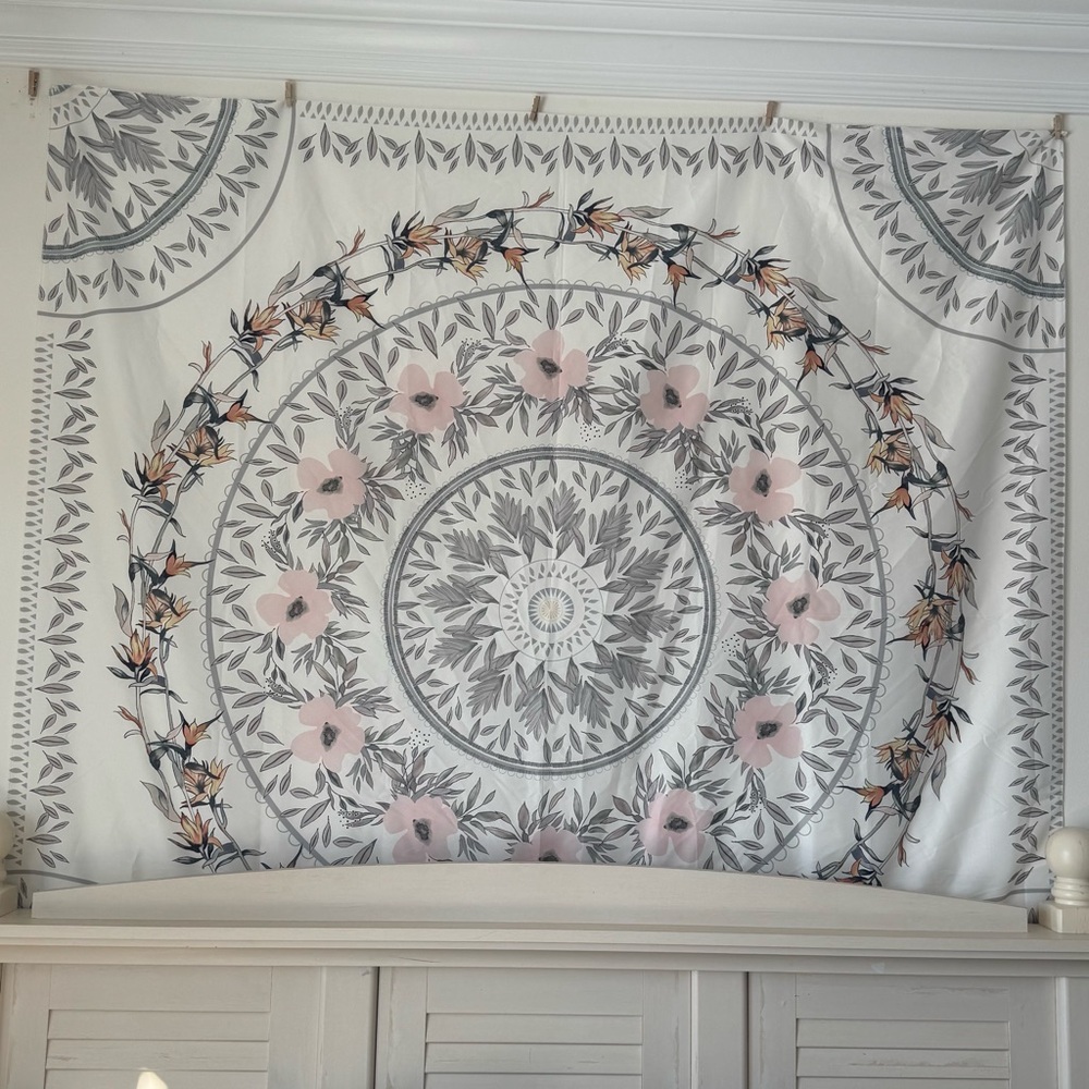 Floral Mandala Wall Tapestry in Pink and Gray